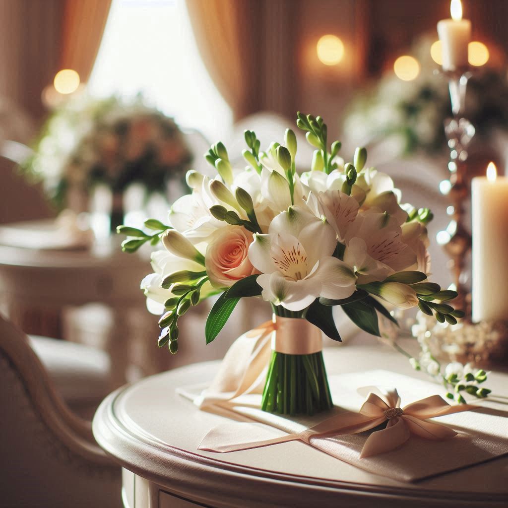 Fresias en una mesa de boda